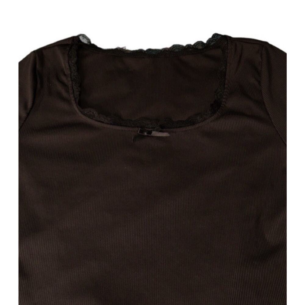 Black Crop Top Long Sleeve Size Large Bow Neck Lace Square Neck Ribbed Feminine - Picture 2 of 6